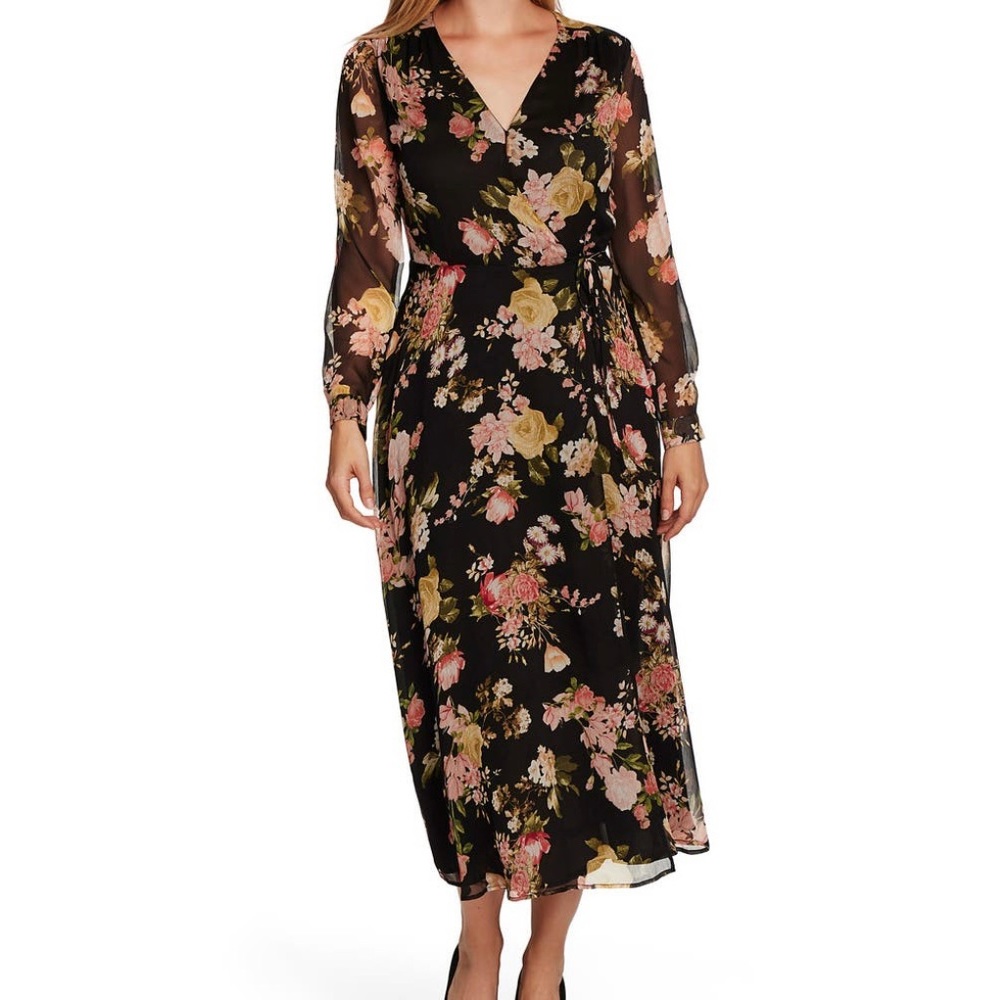 Vince Camuto Beautiful Blooms Long Sleeve Chiffon Midi Wrap Dress Small